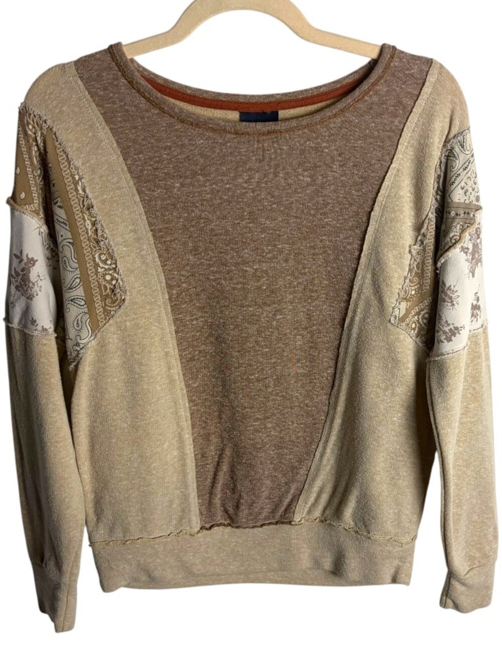 Daytrip Size Xs Patchwork Sweatshirt Neutral Tan Pasiley Relaxed Boho Casual
